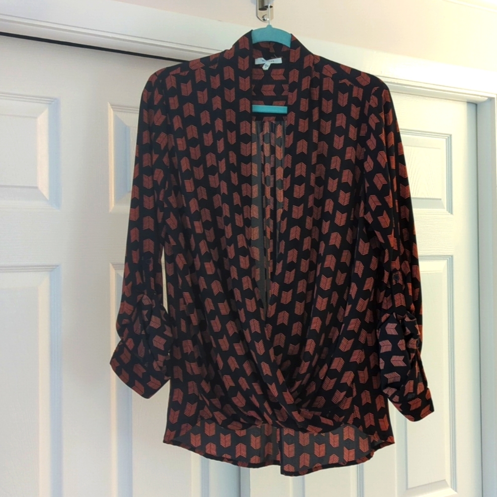 Shawl, faux wrap arrow print blouse